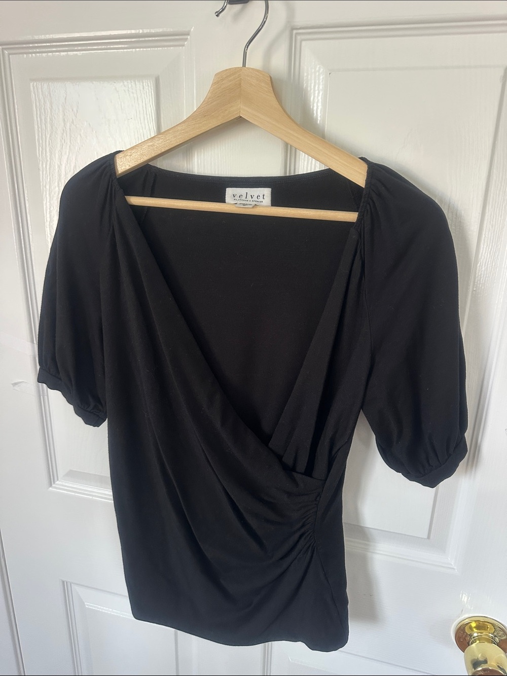 Bloomingdale’s Black Wrap Blouse with Puff Sleeves
